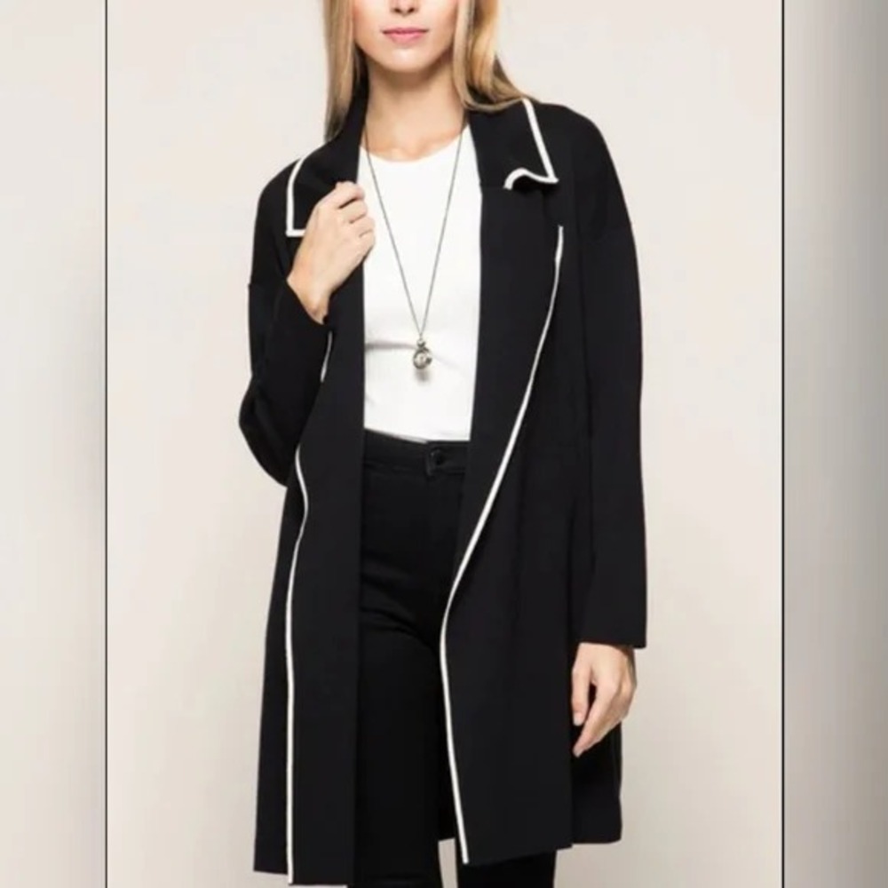 Zara Knit Coatigan M Black White Contrast Trim Open Front Cardigan Coat Jacket